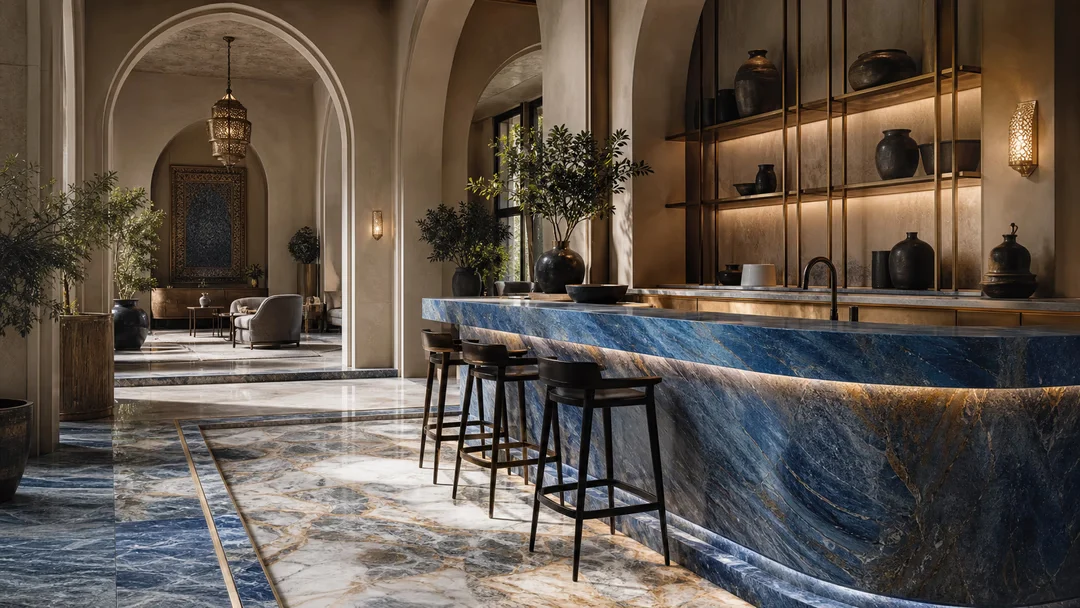 Generated concept render of a boutique hotel lobby bar with vivid blue quartzite